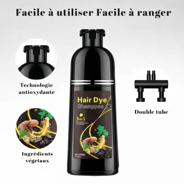Shampoing Colorant 3-en-1 – Noir Naturel | Anti Cheveux Blancs + Soin + Brillant 500 ML