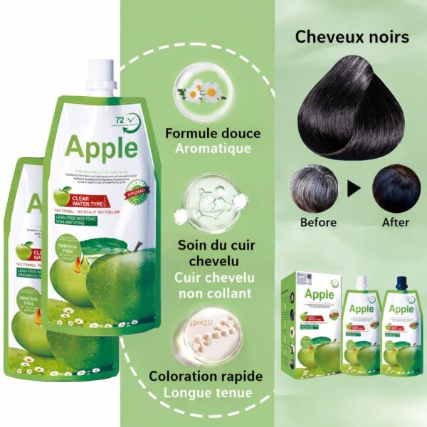 Shampoing Colorant Apple 🍏 – Noir Naturel | Sans Ammoniaque | Effet Rapide 500 ML + 500 ML